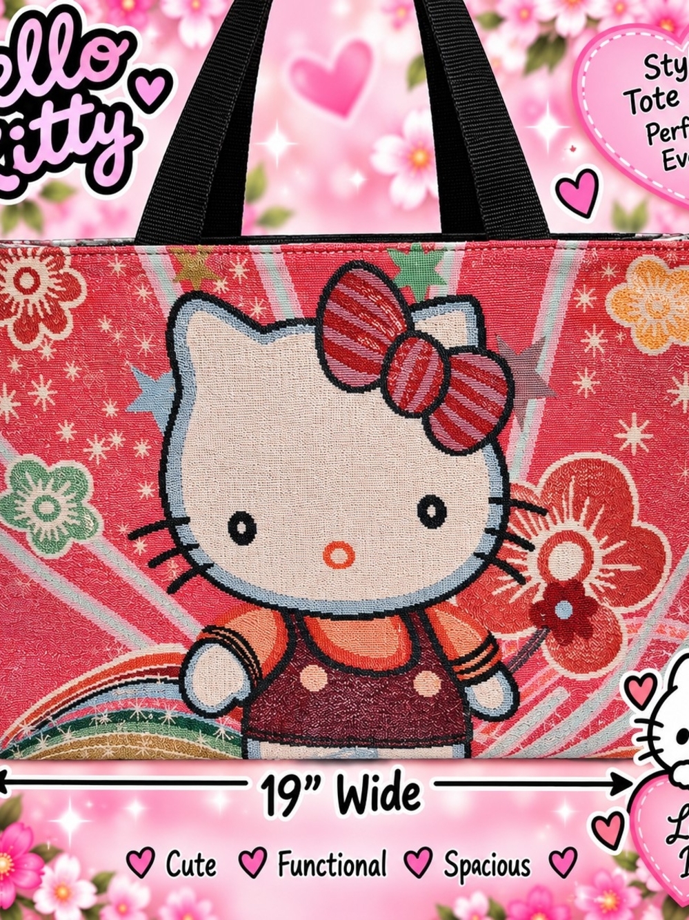 Hello Kitty Pink and Black Canvas Tote with Red Bow Accent